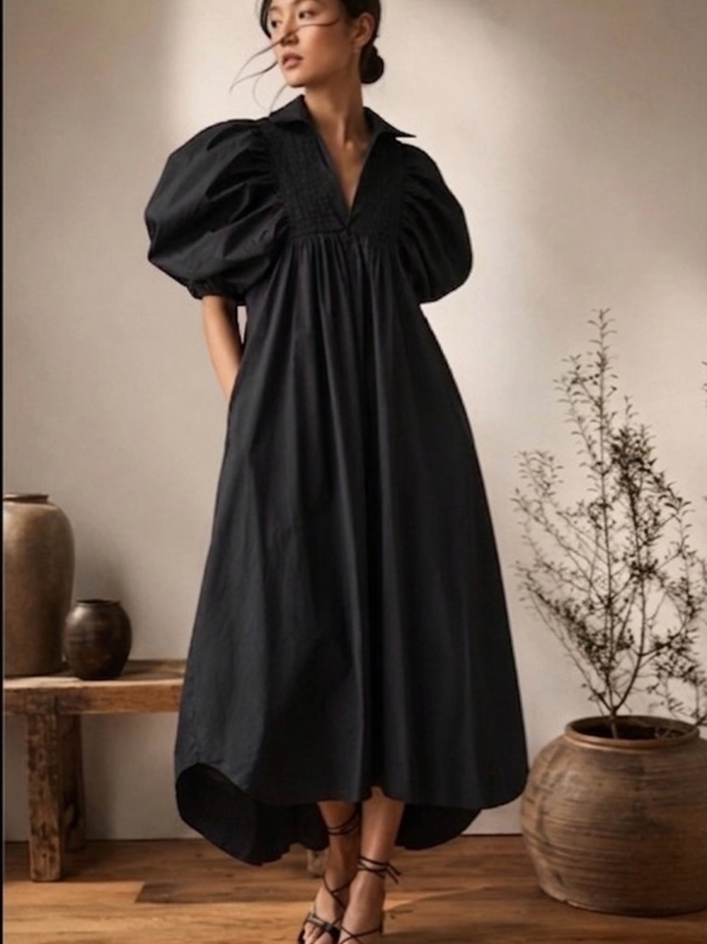 Annie Wear Wm's Puff Sleeve Midi Dress Small BlackCotton Poplin Prairie Babydoll